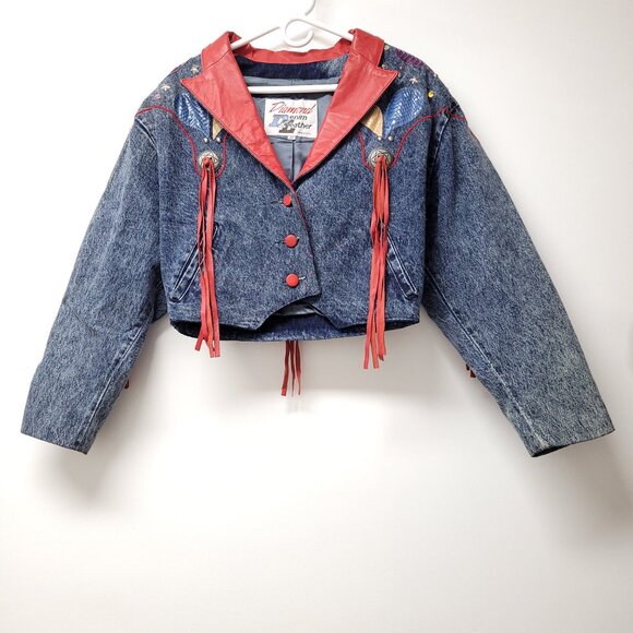 Vintage 80's Diamond Denim & Leather Jacket Western Cowgirl Fringe - Picture 1 of 6